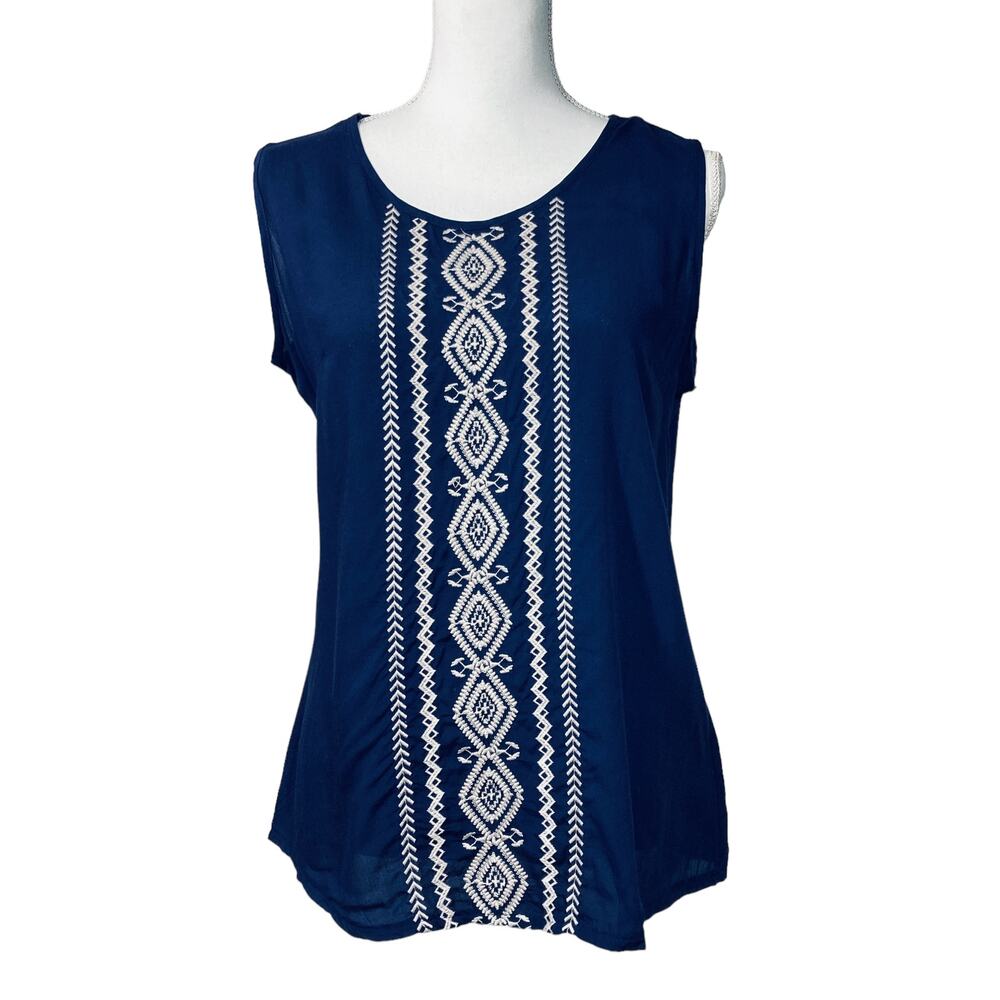 Solitaire Navy Blouse Sleeveless Embroidered Anthropologie Top Size M
